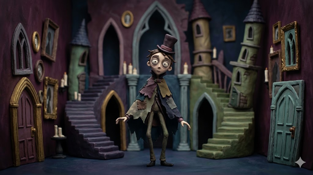 Uma figura de argila excêntrica e remendada com uma cartola está em pé em uma sala de inspiração gótica, cercada por escadarias em espiral, molduras vazias e duas portas idênticas em tons de roxo e verde.